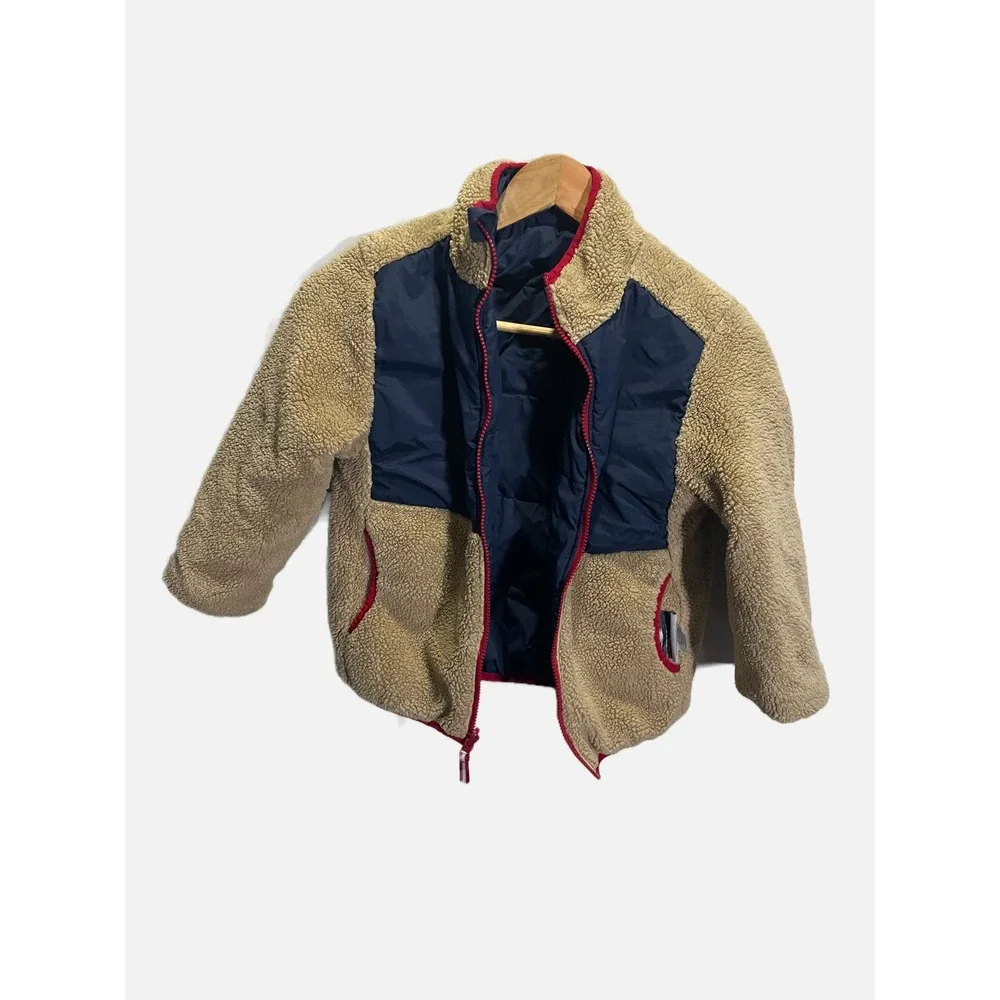 Member's Mark Reversible Jacket Kids Size 8 Tan Navy Sherpa Puffer Fleece Coat